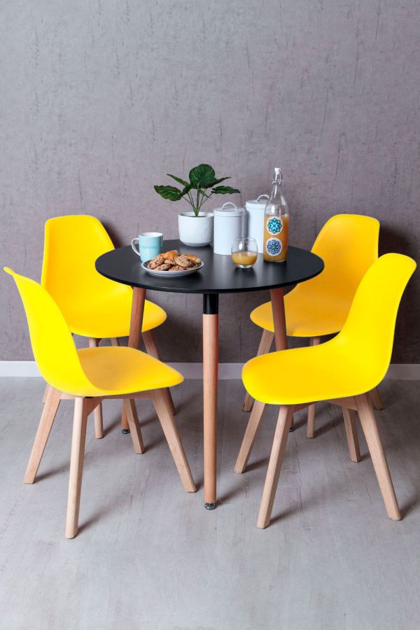 Conjunto Mesa Tower Redonda 80 cm Negra y Pack 4 Sillas Kelen